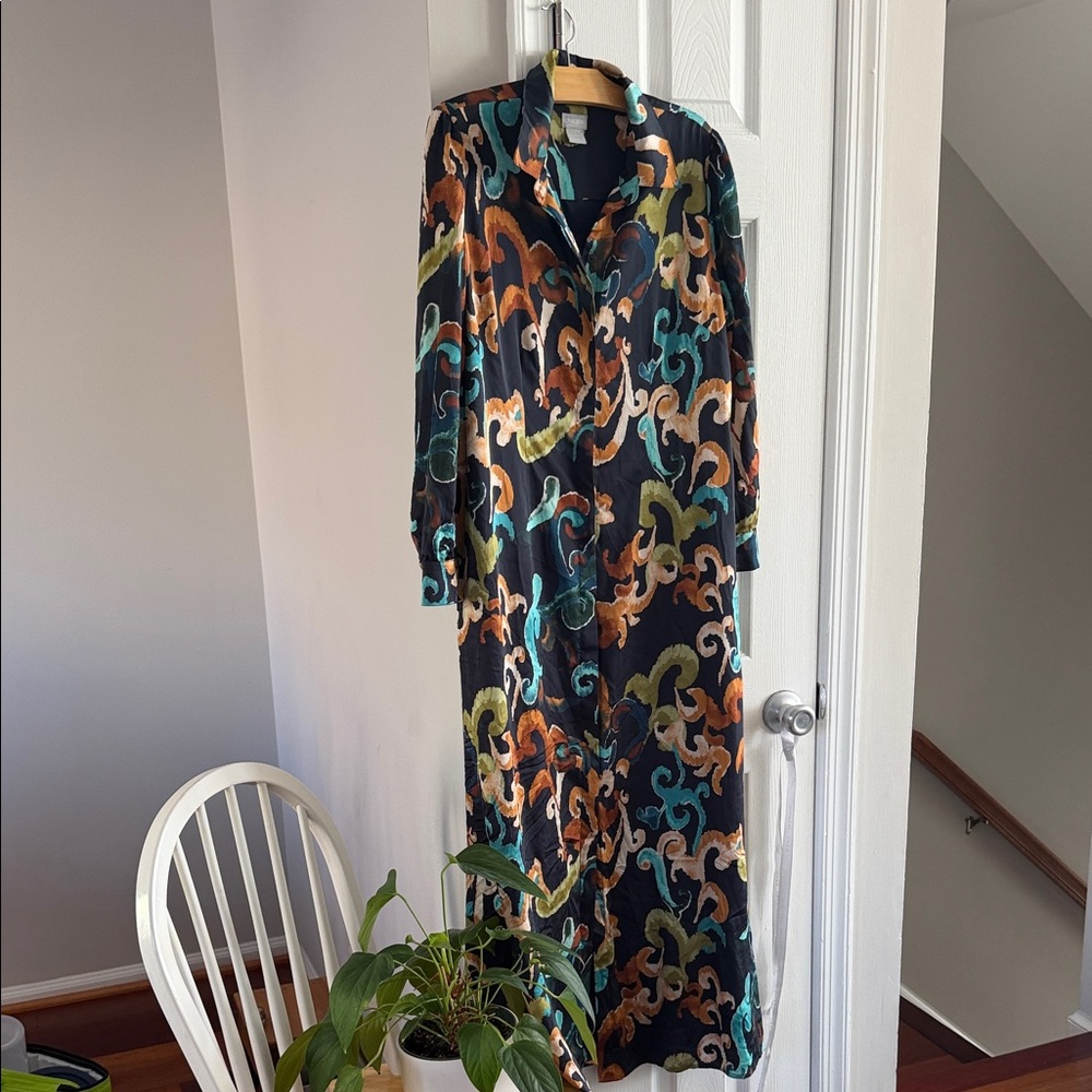Chico's Long Sleeve Maxi Dress in Black with Teal, Orange & Olive Swirl